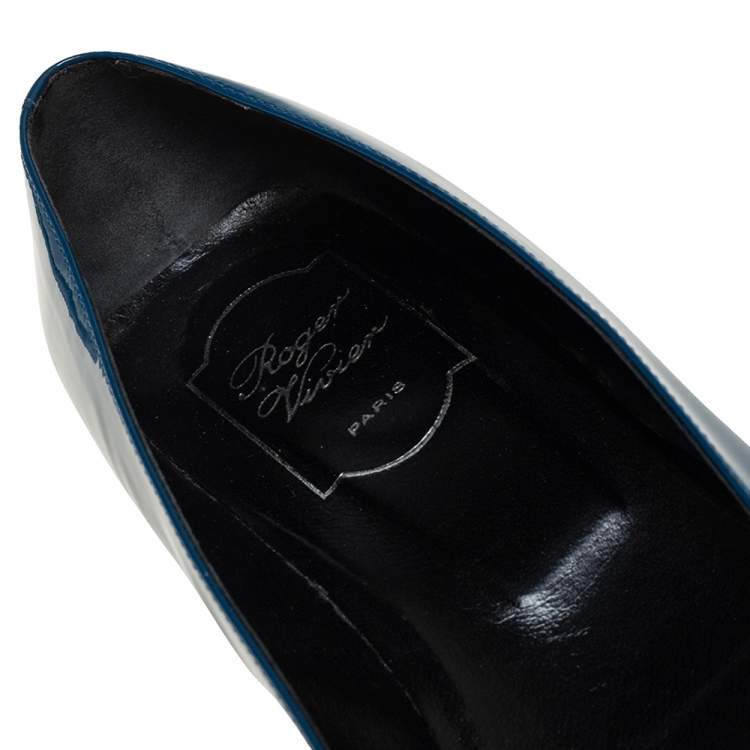 Pre Owned Roger Vivier Teal Blue Patent Leather Trompette Ballet Flats Size 38.5