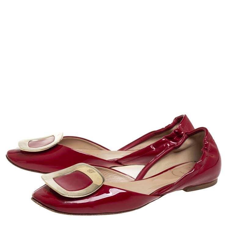 Pre Owned Roger Vivier Red Patent Leather Chips D'Orsay Buckle Flats Size 35.5