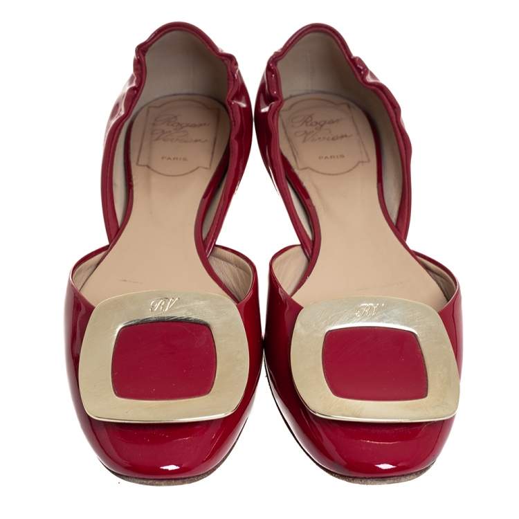 Pre Owned Roger Vivier Red Patent Leather Chips D'Orsay Buckle Flats Size 35.5