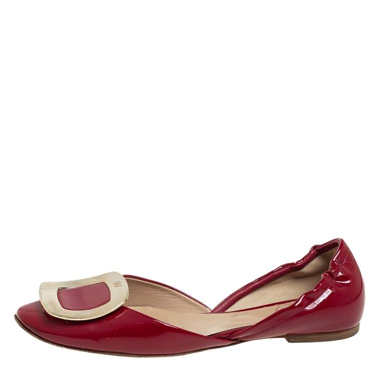 Pre Owned Roger Vivier Red Patent Leather Chips D'Orsay Buckle Flats Size 35.5