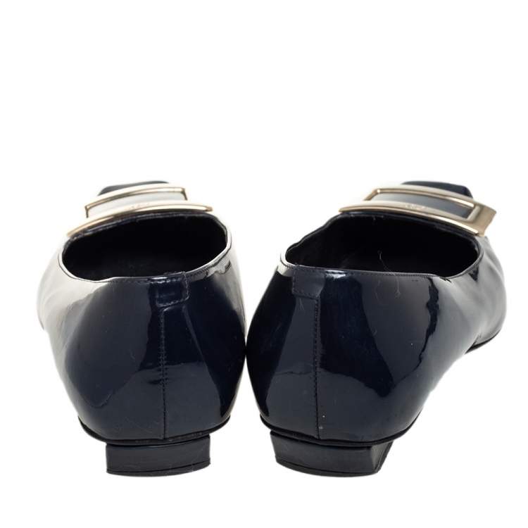 Pre Owned Roger Vivier Navy Blue Patent Leather Trompette Ballet Flats Size 37.5