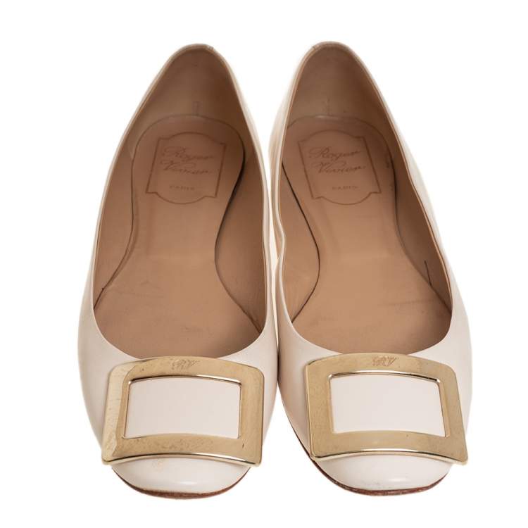 Pre Owned Roger Vivier Off White Leather Gommetine Ballet Flats Size 37.5