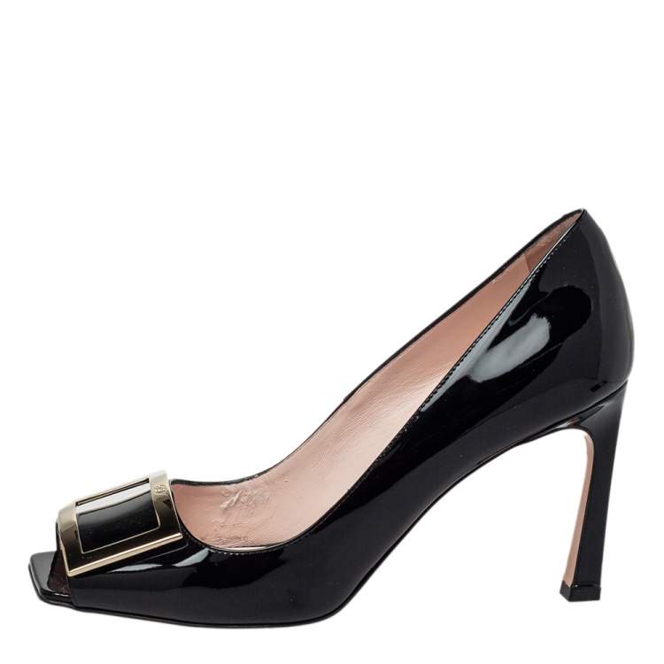 Pre Owned Roger Vivier Black Patent Leather Open Toe Pumps Size 39