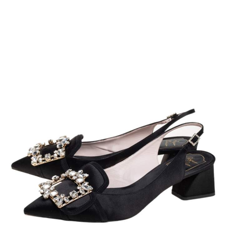 Pre Owned Roger Vivier Black Satin Buckle Slingback Pumps Size 39