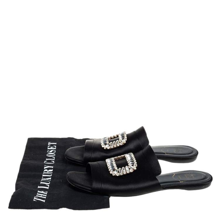 Pre Owned Roger Vivier  Black Satin Slip On Embellished Flat Sandals Size 40
