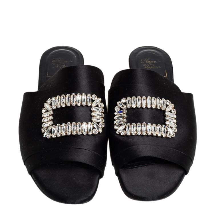 Pre Owned Roger Vivier  Black Satin Slip On Embellished Flat Sandals Size 40