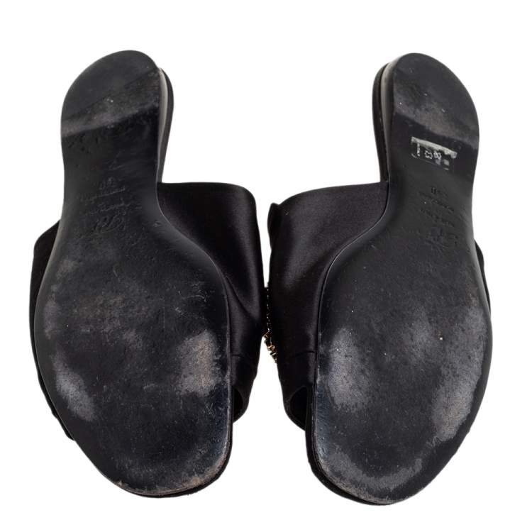 Pre Owned Roger Vivier  Black Satin Slip On Embellished Flat Sandals Size 40