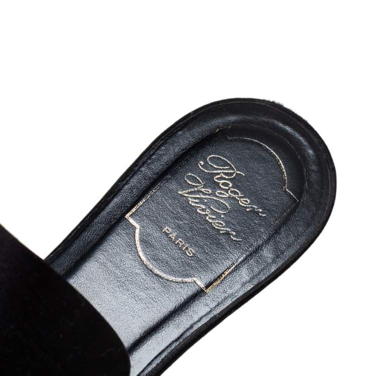 Pre Owned Roger Vivier  Black Satin Slip On Embellished Flat Sandals Size 40