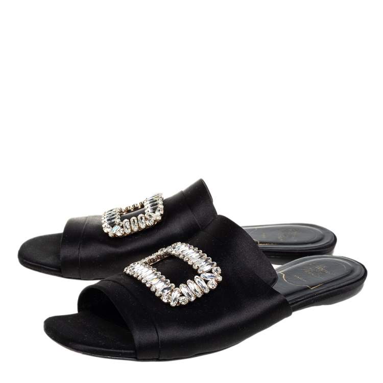 Pre Owned Roger Vivier  Black Satin Slip On Embellished Flat Sandals Size 40