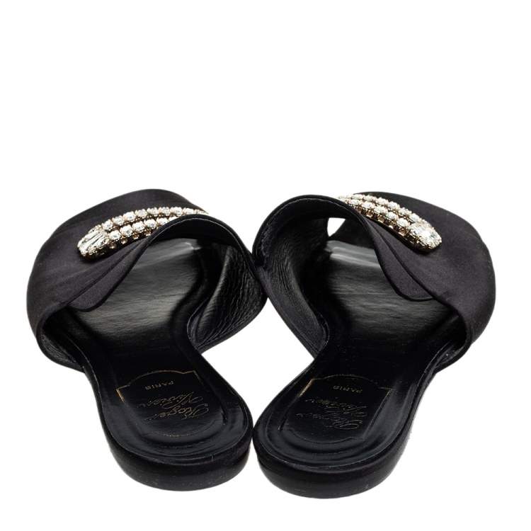 Pre Owned Roger Vivier  Black Satin Slip On Embellished Flat Sandals Size 40