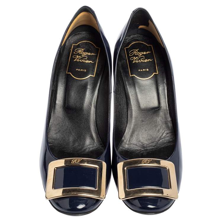 Pre Owned Roger Vivier Navy Blue Patent Leather Trompette Pumps Size 38