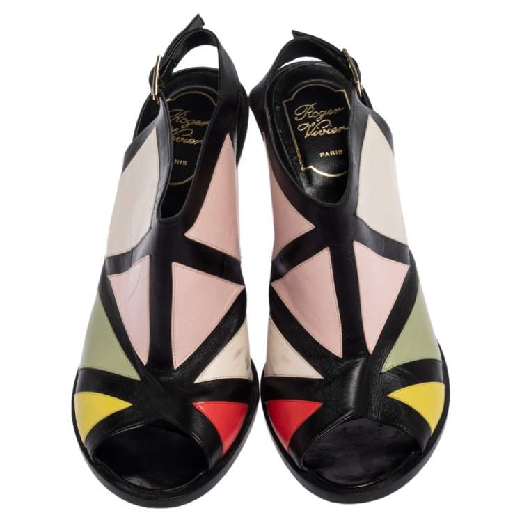 Pre Owned Roger Vivier Multicolor Leather Peep Toe Block Heel Skyscraper Peep Toe Sandals Size 40