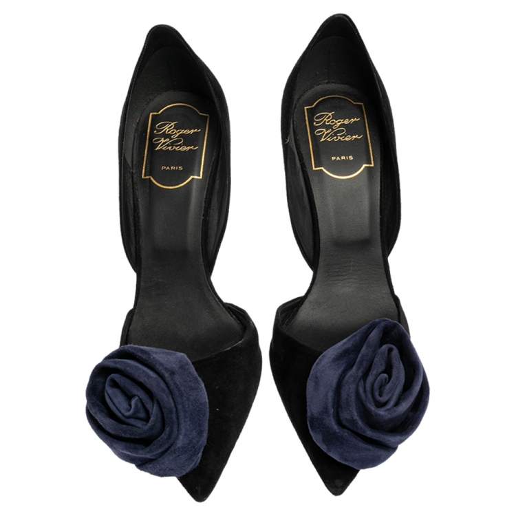 Pre Owned Roger Vivier Black Suede Rose N'roll Pointed Toes Pumps Size 38