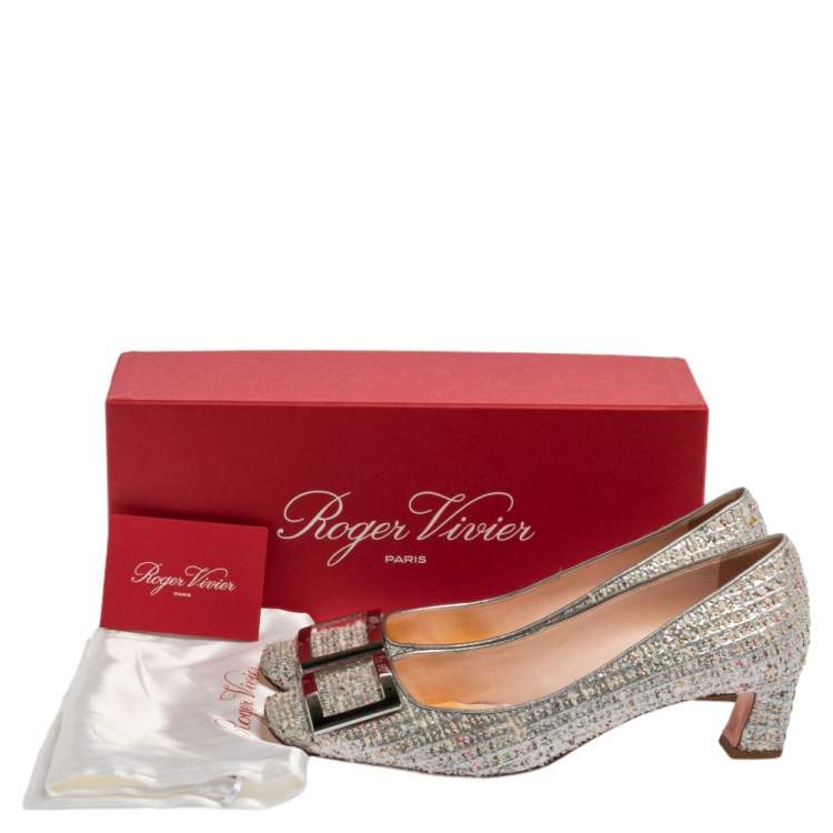 Pre Owned Roger Vivier Silver Tweed Belle Embellished Block Heel Pumps Size 39