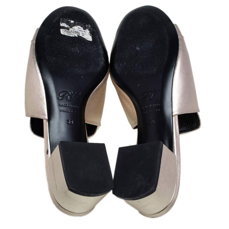 Pre Owned Roger Vivier Gold Leather Crystal Embellished Open Toe Block Heel Slide Sandals Size 39
