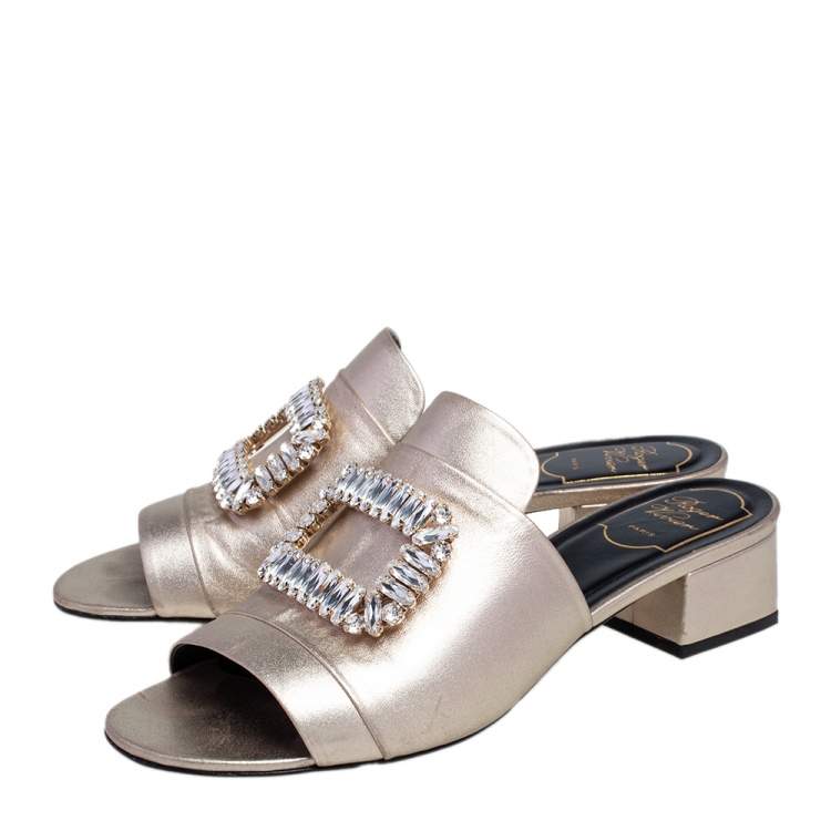 Pre Owned Roger Vivier Gold Leather Crystal Embellished Open Toe Block Heel Slide Sandals Size 39