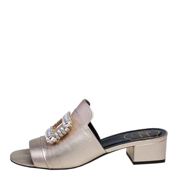 Pre Owned Roger Vivier Gold Leather Crystal Embellished Open Toe Block Heel Slide Sandals Size 39