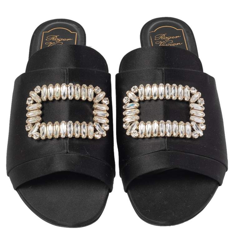 Pre Owned Roger Vivier Black Satin Crystal Embellished Slide Sandals Size 41