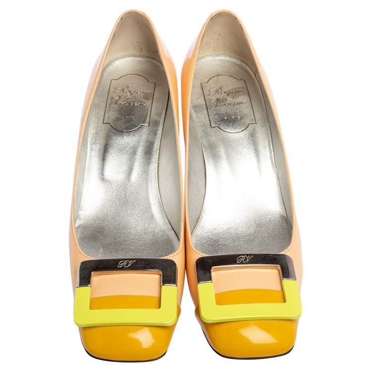 Pre Owned Roger Vivier Tri Color Patent Leather Buckle Pumps Size 38.5