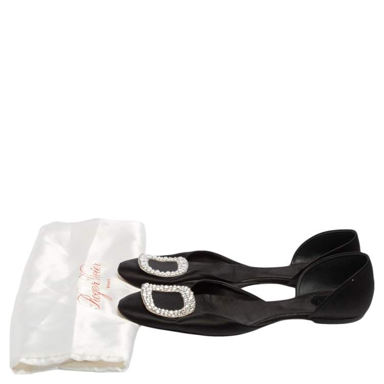 Pre Owned Roger Vivier Black Satin Chips Strass D' Orsay Ballet Flats Size 40.5
