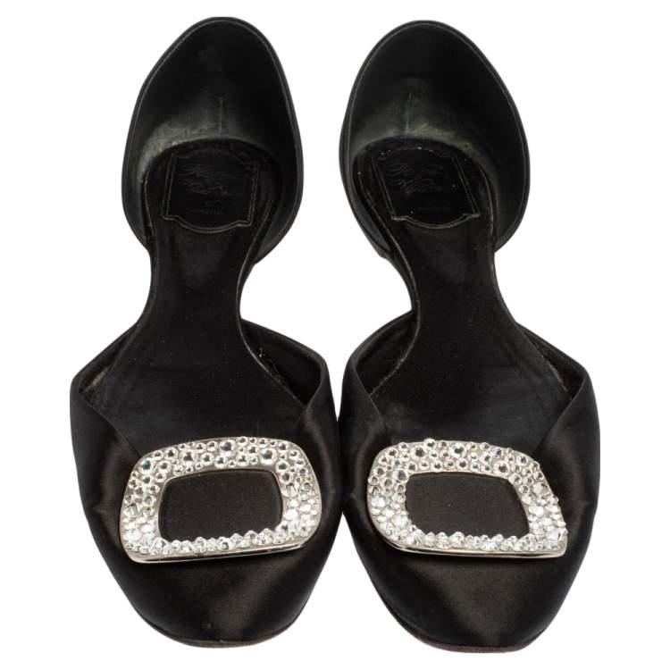Pre Owned Roger Vivier Black Satin Chips Strass D' Orsay Ballet Flats Size 40.5