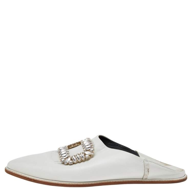 Pre Owned Roger Vivier White Leather Crystal Embellished Loafers Size 36.5