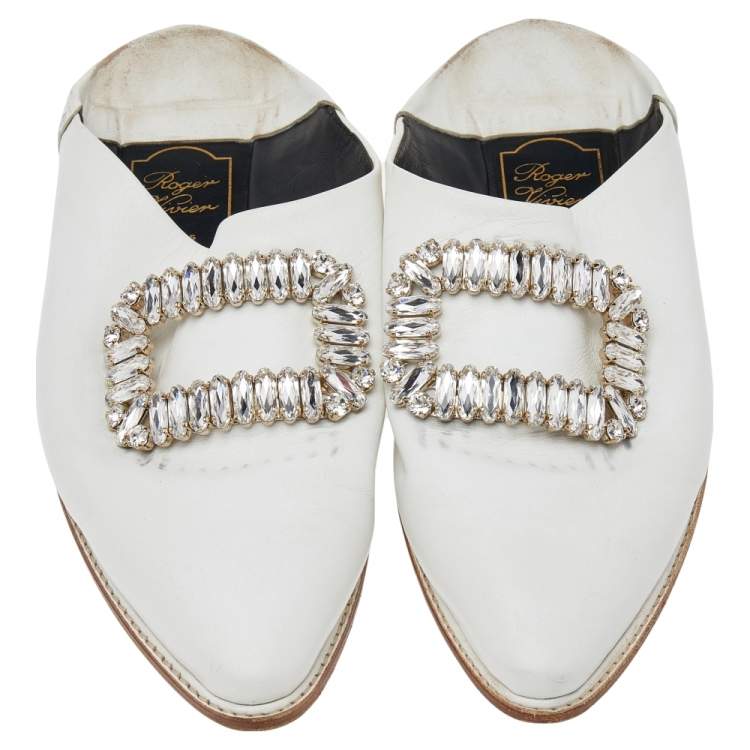 Pre Owned Roger Vivier White Leather Crystal Embellished Loafers Size 36.5