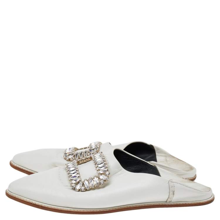 Pre Owned Roger Vivier White Leather Crystal Embellished Loafers Size 36.5