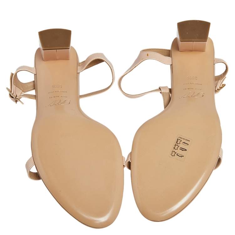 Pre Owned Roger Vivier Beige Leather Chips Embellished T-Strap Sandals Size 39.5