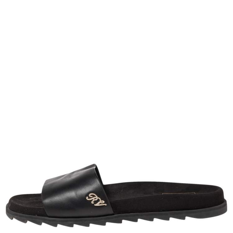 Pre Owned Roger Vivier Black Leather and Suede Logo Crystals Flat Slides Size 41 