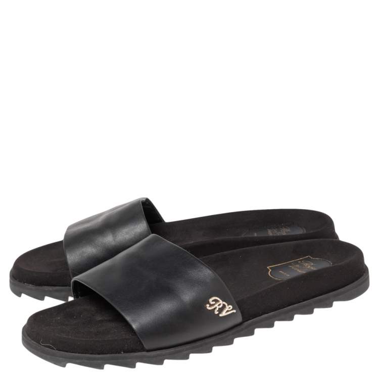 Pre Owned Roger Vivier Black Leather and Suede Logo Crystals Flat Slides Size 41 