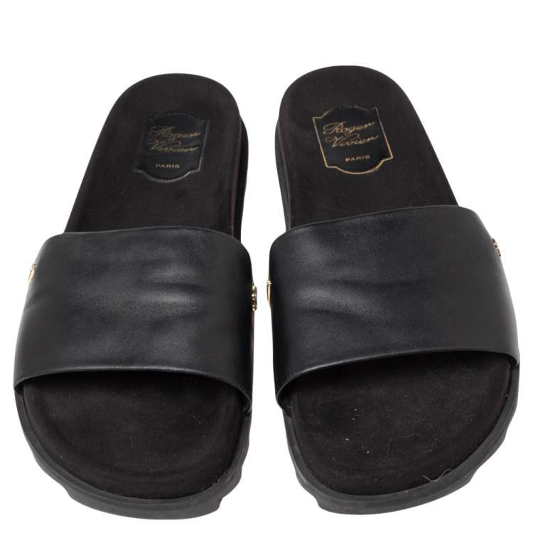 Pre Owned Roger Vivier Black Leather and Suede Logo Crystals Flat Slides Size 41 