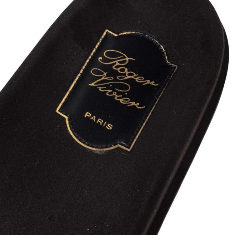 Pre Owned Roger Vivier Black Leather and Suede Logo Crystals Flat Slides Size 41 