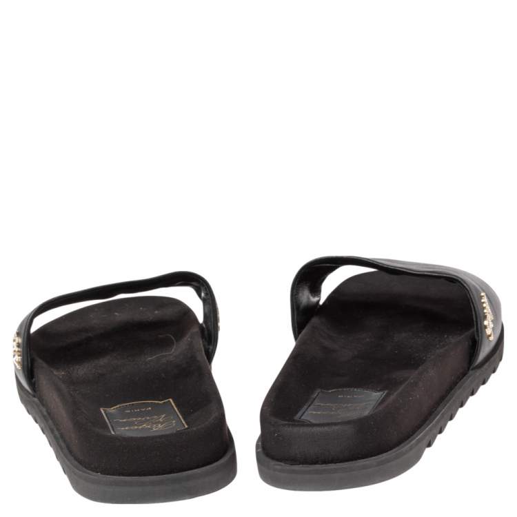 Pre Owned Roger Vivier Black Leather and Suede Logo Crystals Flat Slides Size 41 