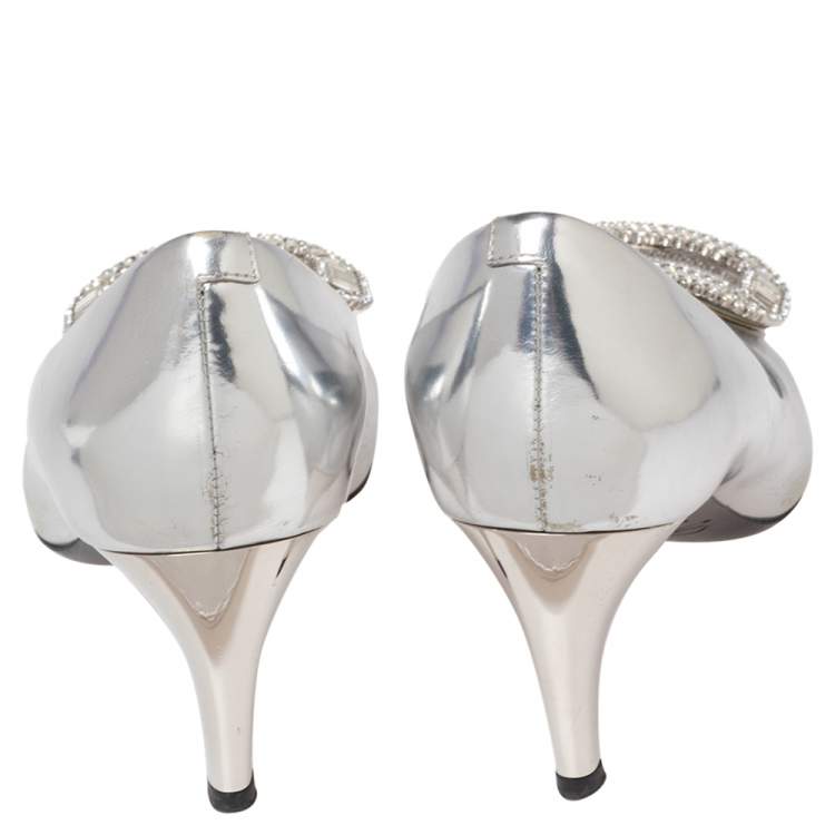Pre Owned Roger Vivier Silver Mirrored Leather Limelight Buckle Pumps Size 36