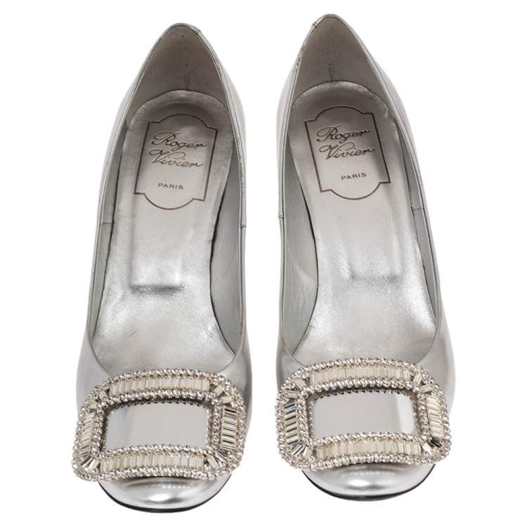 Pre Owned Roger Vivier Silver Mirrored Leather Limelight Buckle Pumps Size 36