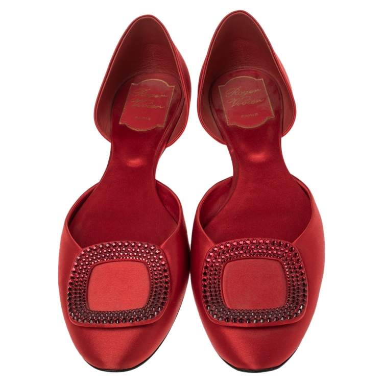 Pre Owned Roger Vivier Red Satin Strass Chips Ballerina D'orsay Flats Size 39