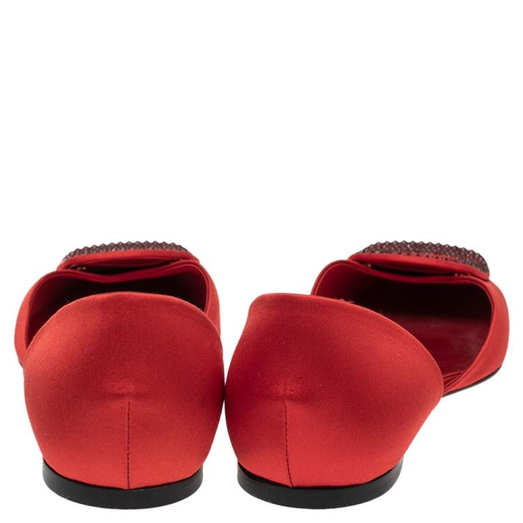 Pre Owned Roger Vivier Red Satin Strass Chips Ballerina D'orsay Flats Size 39