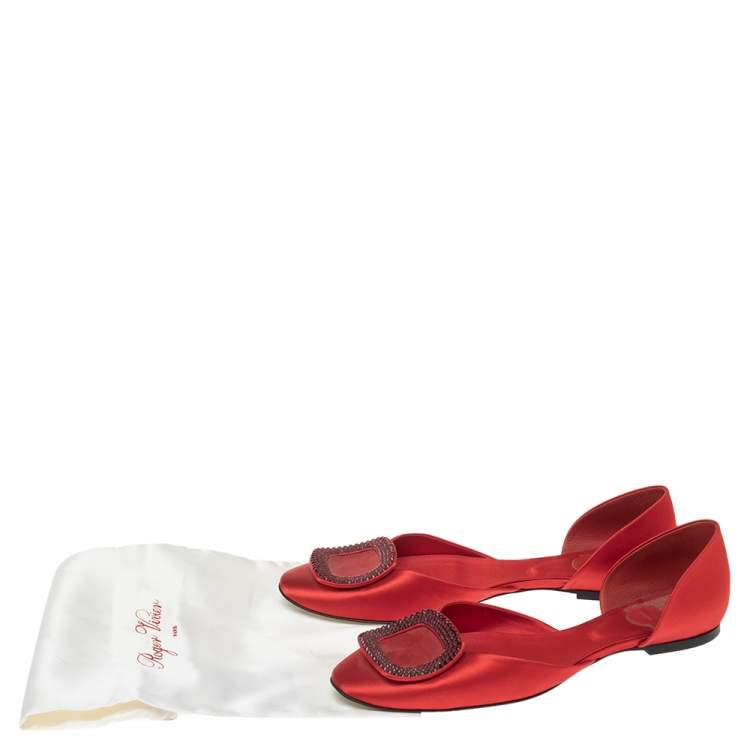 Pre Owned Roger Vivier Red Satin Strass Chips Ballerina D'orsay Flats Size 39