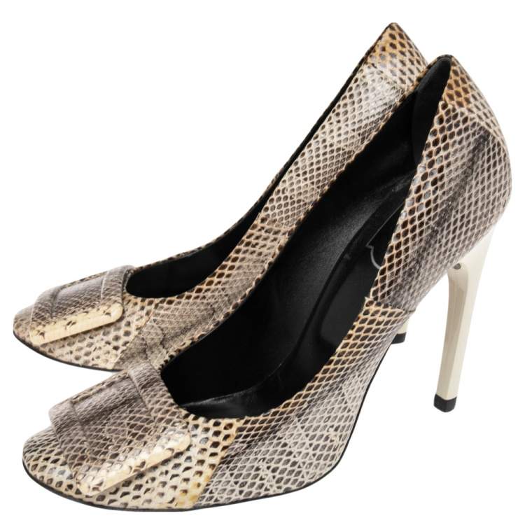 Pre Owned Roger Vivier  Grey/Beige Snakeskin Embossed Leather Pumps Size 38