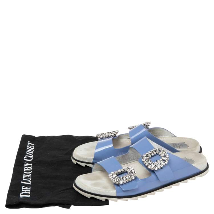Pre Owned Roger Vivier Blue Patent Leather Slidy Viv Buckle Mule Sandals Size 40