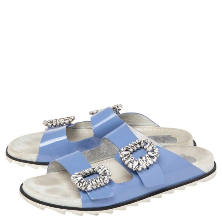 Pre Owned Roger Vivier Blue Patent Leather Slidy Viv Buckle Mule Sandals Size 40