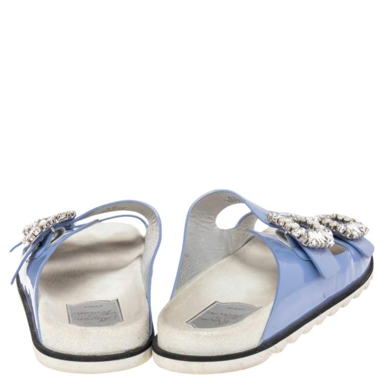 Pre Owned Roger Vivier Blue Patent Leather Slidy Viv Buckle Mule Sandals Size 40