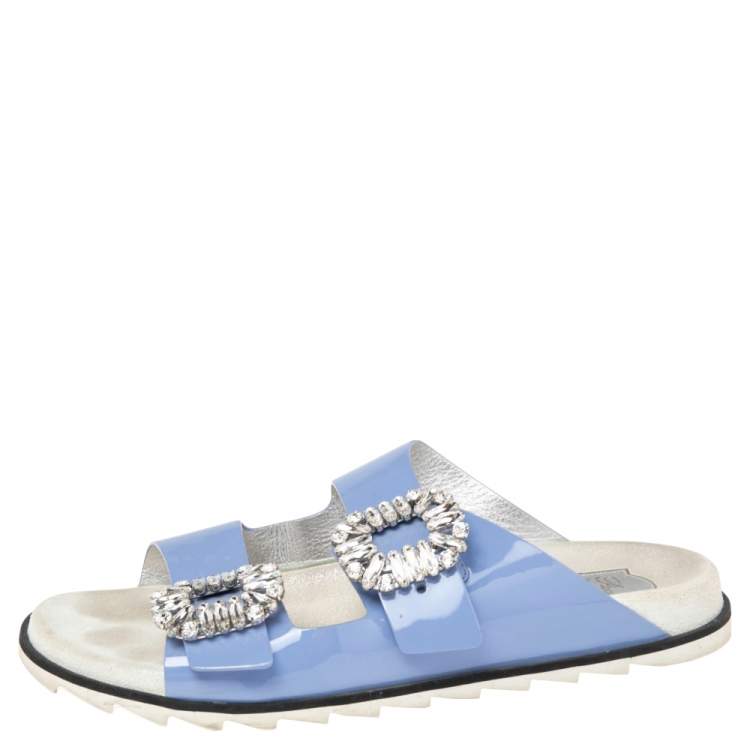 Pre Owned Roger Vivier Blue Patent Leather Slidy Viv Buckle Mule Sandals Size 40