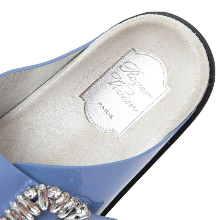 Pre Owned Roger Vivier Blue Patent Leather Slidy Viv Buckle Mule Sandals Size 40