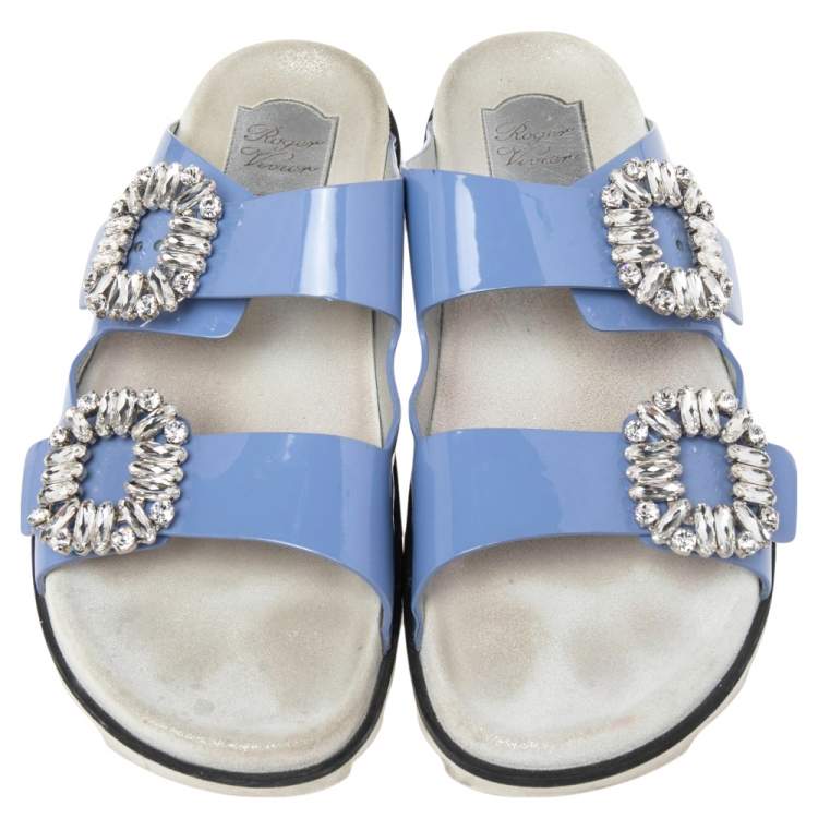 Pre Owned Roger Vivier Blue Patent Leather Slidy Viv Buckle Mule Sandals Size 40