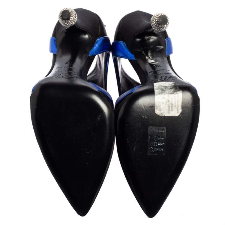 Pre Owned Roger Vivier Black-Blue Satin Embellished Heel Pointed Toe Ankle Boots Size 36