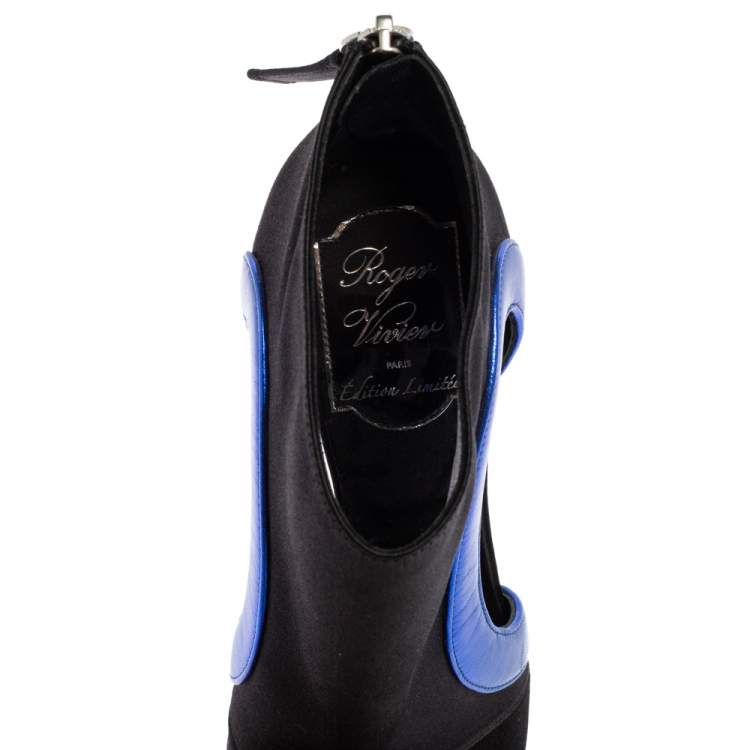 Pre Owned Roger Vivier Black-Blue Satin Embellished Heel Pointed Toe Ankle Boots Size 36