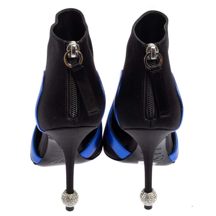 Pre Owned Roger Vivier Black-Blue Satin Embellished Heel Pointed Toe Ankle Boots Size 36
