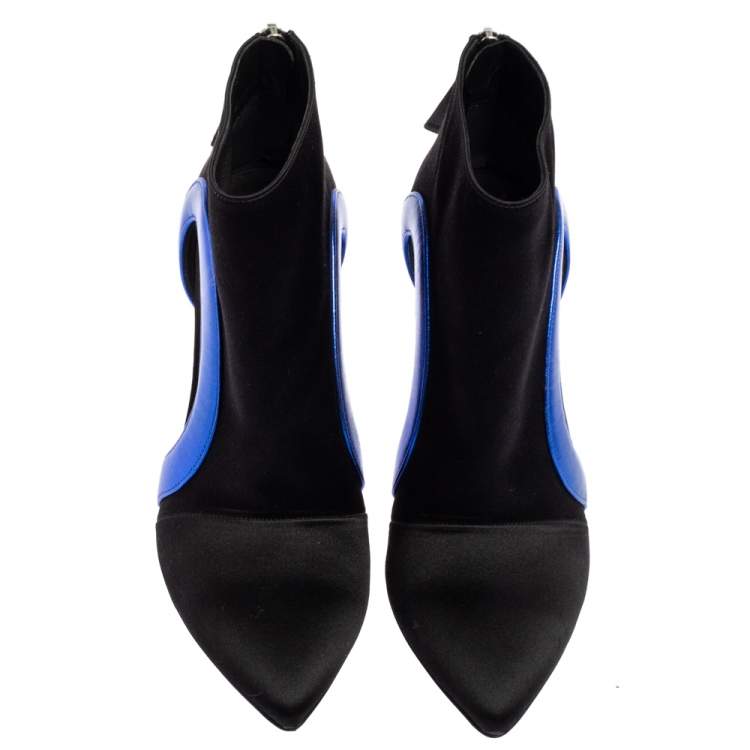 Pre Owned Roger Vivier Black-Blue Satin Embellished Heel Pointed Toe Ankle Boots Size 36